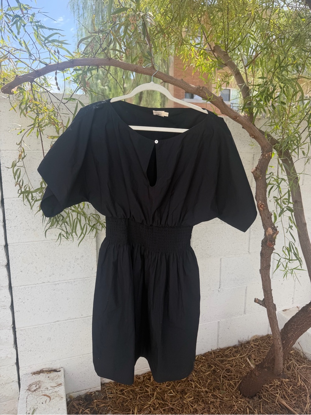 Faherty Black Smocked-Waist Keyhole Dress
